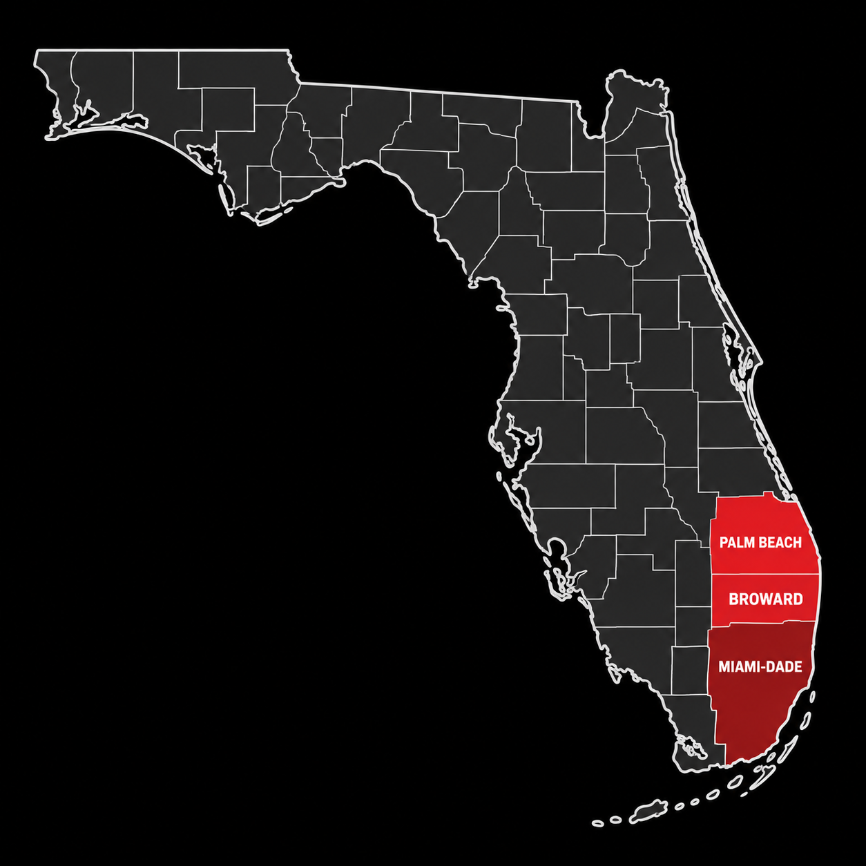 Map of Florida highlighting the three service counties: Palm Beach, Broward, and Miami-Dade